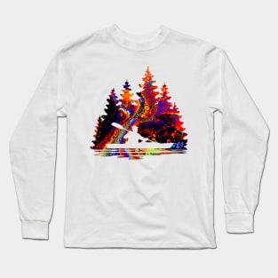 Rainbow Marble Pattern of a Kayaker Paddling Silhouette Long Sleeve T-Shirt